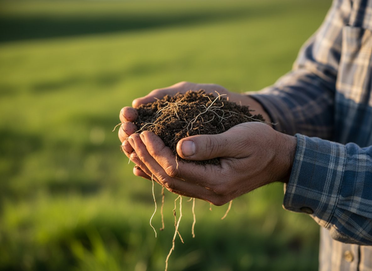 Mãos de produtor segurando terra escura com raízes finas